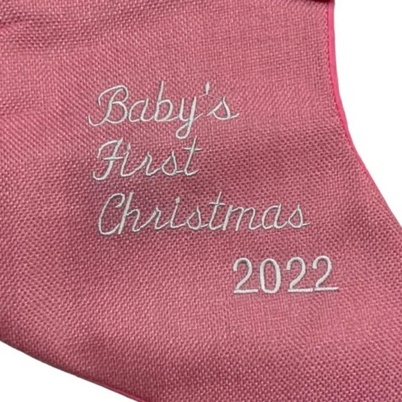 Baby First Christmas Stocking Embroidered 2022  Baby Girl Pink White 17 Inches - Picture 10 of 16